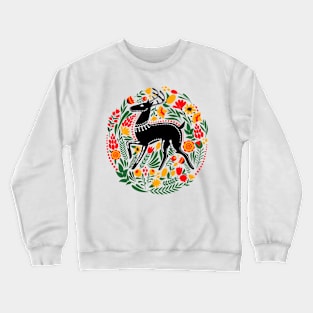 Folk Art Deer Stag with Bright Flowers and Leaves Crewneck Sweatshirt